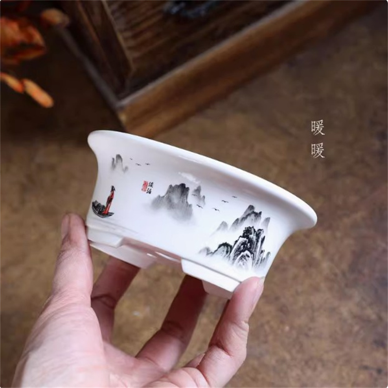 Bonsai Garden Desk - وعاء بونساي بيضاوي أبيض من البورسلين،
